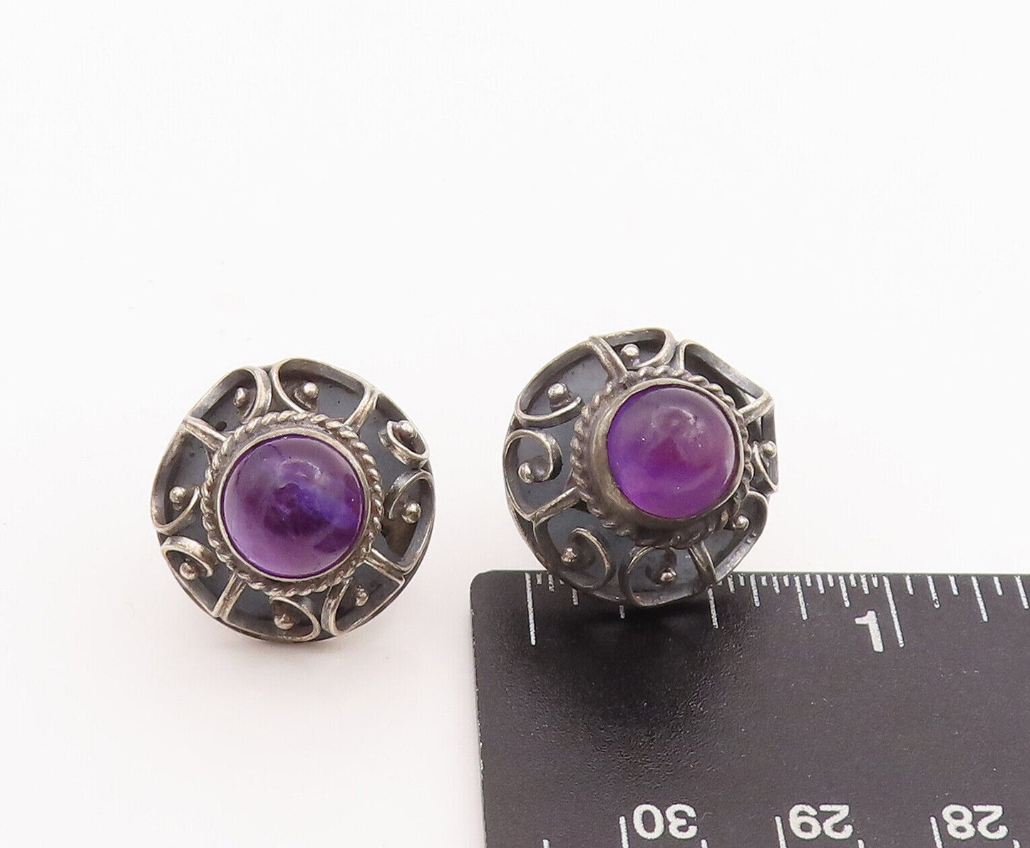 925 Sterling Silver Vintage Earrings MEXICO Swirl Carved Amethyst Flower EG13073