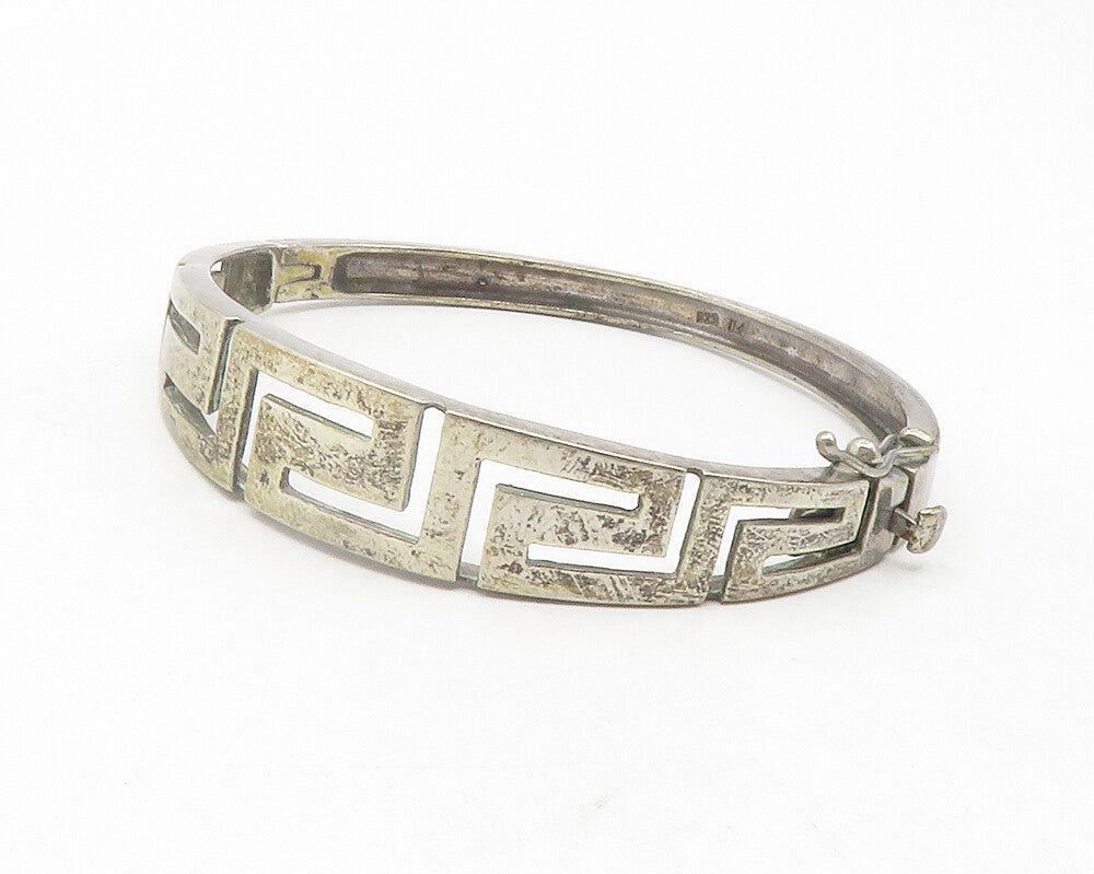 925 Sterling Silver  Vintage Greek Key Cutout Hinge Bangle Bracelet  BT4712