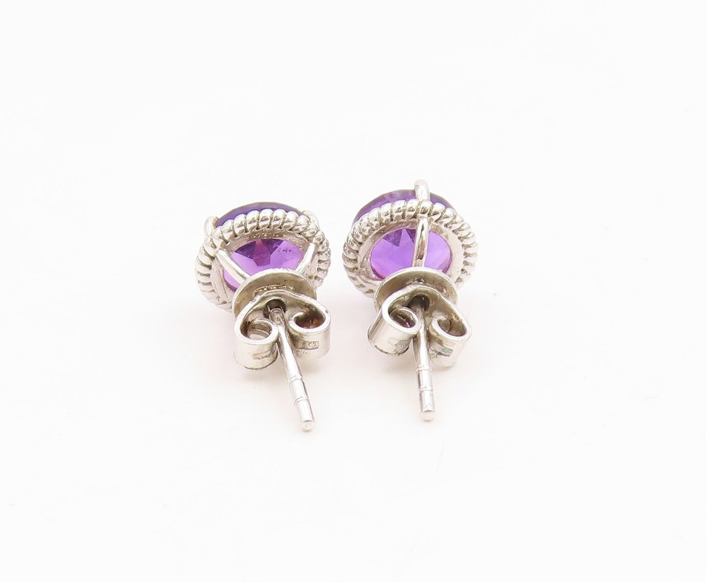 925 Sterling Silver Vintage Earrings Classic Amethyst Rope Bezel Studs  EG14127