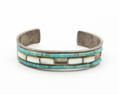 ZUNI 925 Silver  Vintage Mother Of Pearl & Turquoise Cuff Bracelet  BT5731