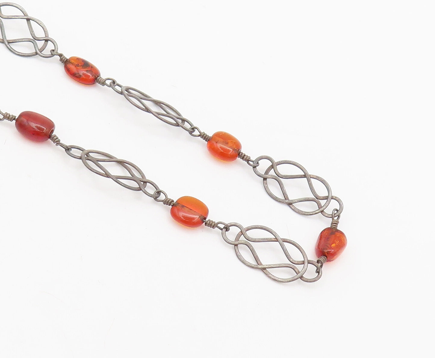 925 Sterling Silver  Vintage Swirly Stencil Cut Amber Beaded Necklace  NE4219