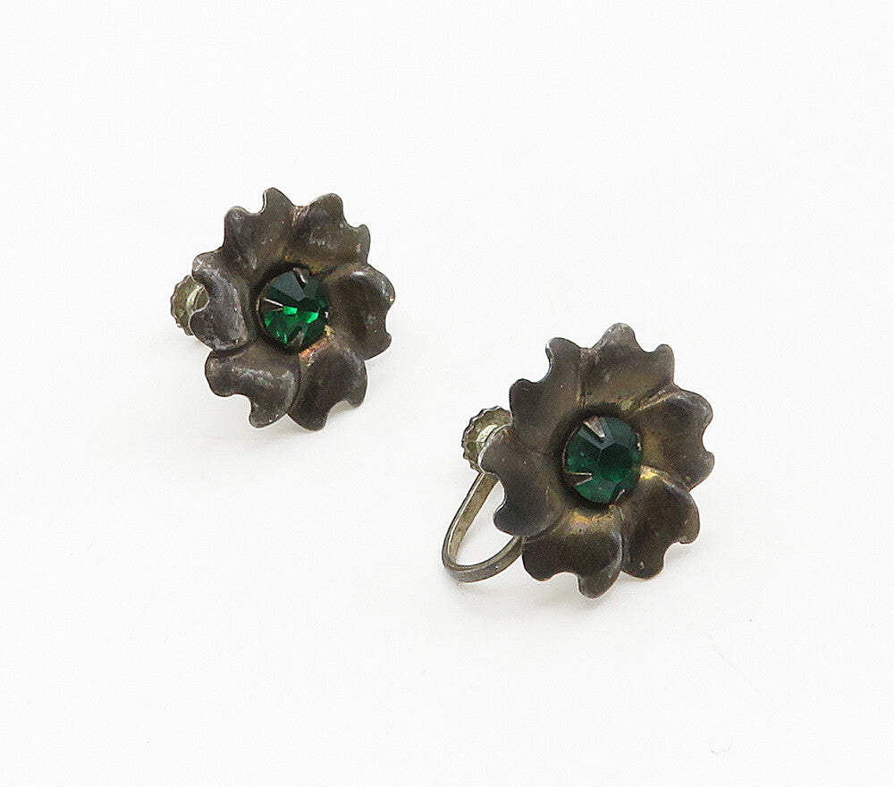 925 Sterling Silver  Vintage Green Topaz Floral Non Pierce Earrings  EG8046