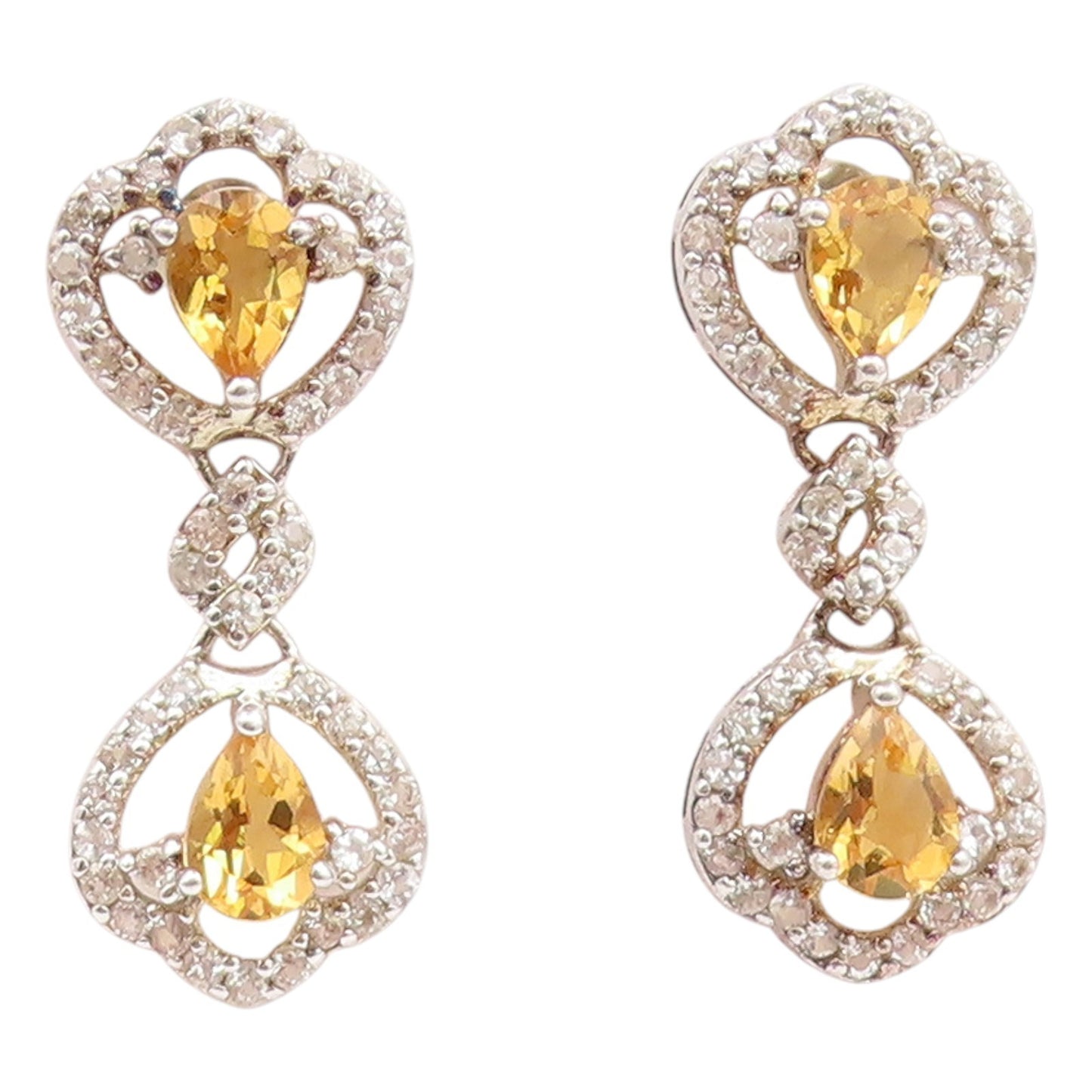925 Sterling Silver Vintage Earrings Citrine & Halo Topaz Elegant Dangle EG14163