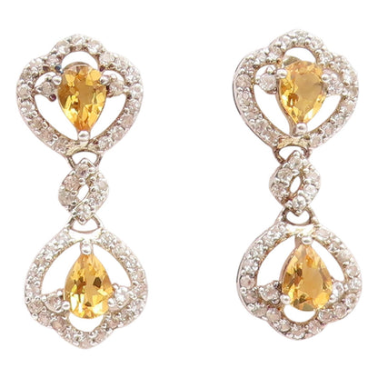 925 Sterling Silver Vintage Earrings Citrine & Halo Topaz Elegant Dangle EG14163