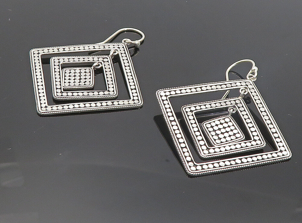 925 Sterling Silver  Shiny Circle Patterned Square Dangle Earrings  EG3429