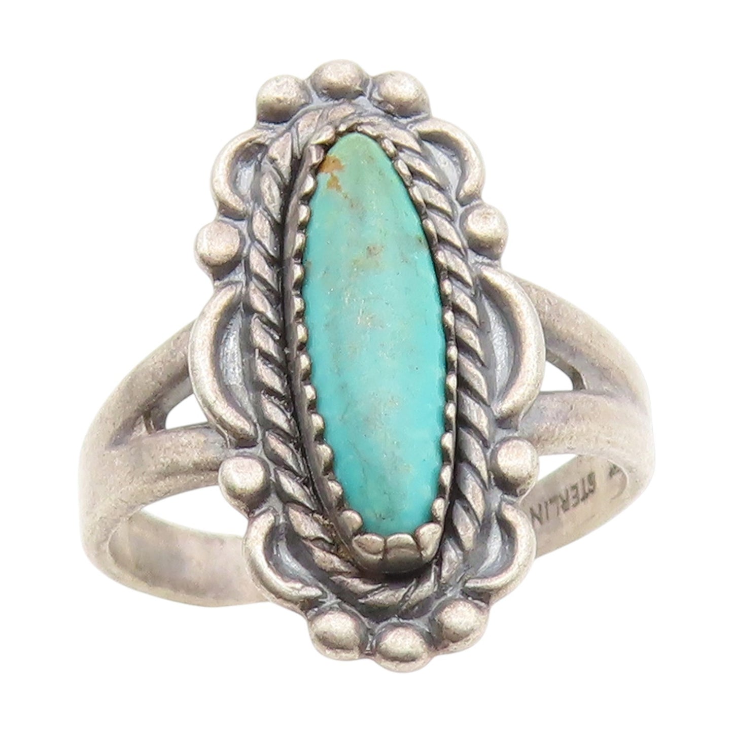 925 Sterling Silver Vintage Ring POST BELL Oval Turquoise Band  Sz 6.5  RG35122