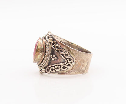925 Sterling Silver Vintage Ring Swirly Beaded Carved Red Gemstone Sz 7  RG29604