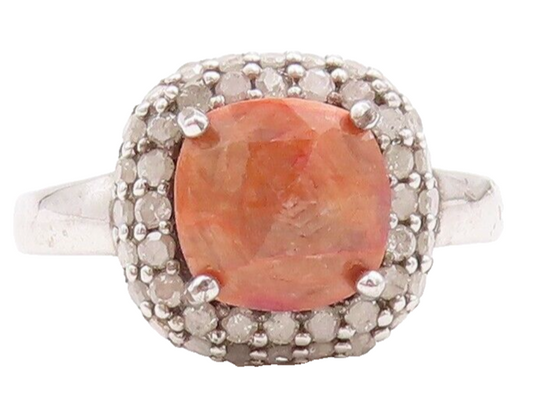925 Sterling Silver Vintage Ring Square Gemstone & Diamonds  Sz 8 RG29489