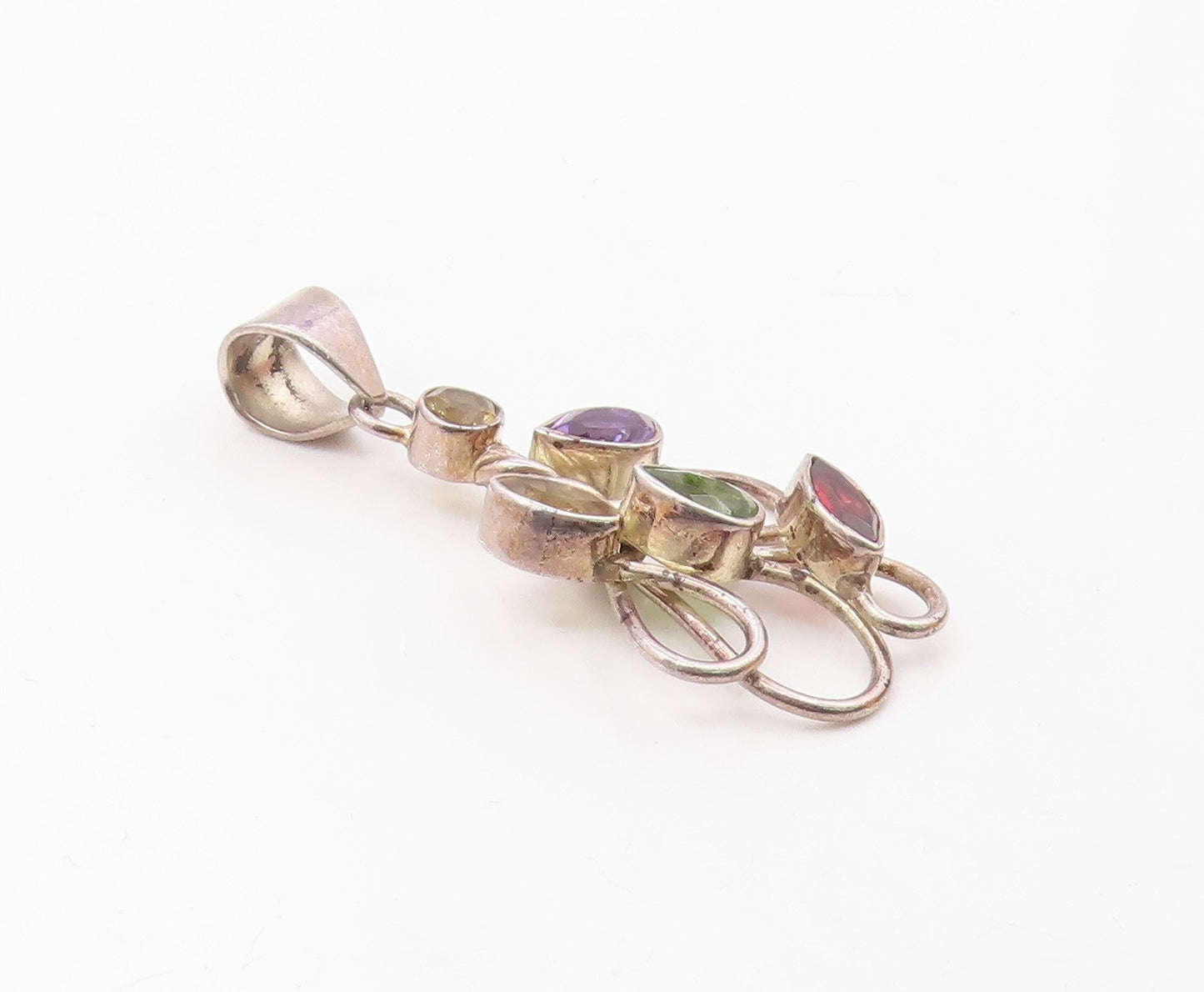 925 Silver  Vintage Garnet Amethyst Peridot & Citrine Floral Pendant  PT16608