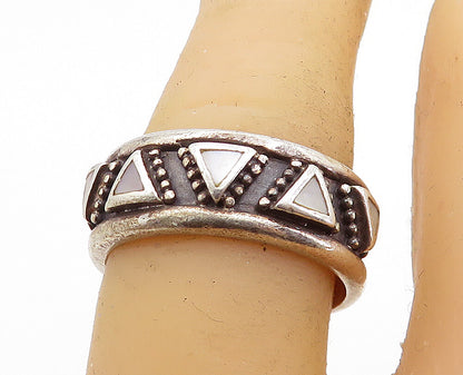 WOODS 925 Silver  Vintage Mother Of Pearl Triangles Band Ring Sz 7  RG7060