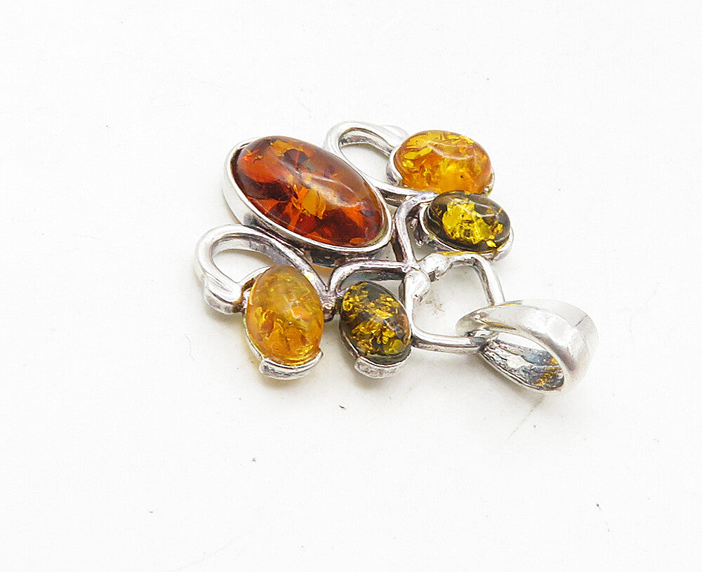 925 Sterling Silver  Vintage Cabochon Cut Amber Cluster Drop Pendant  PT7112