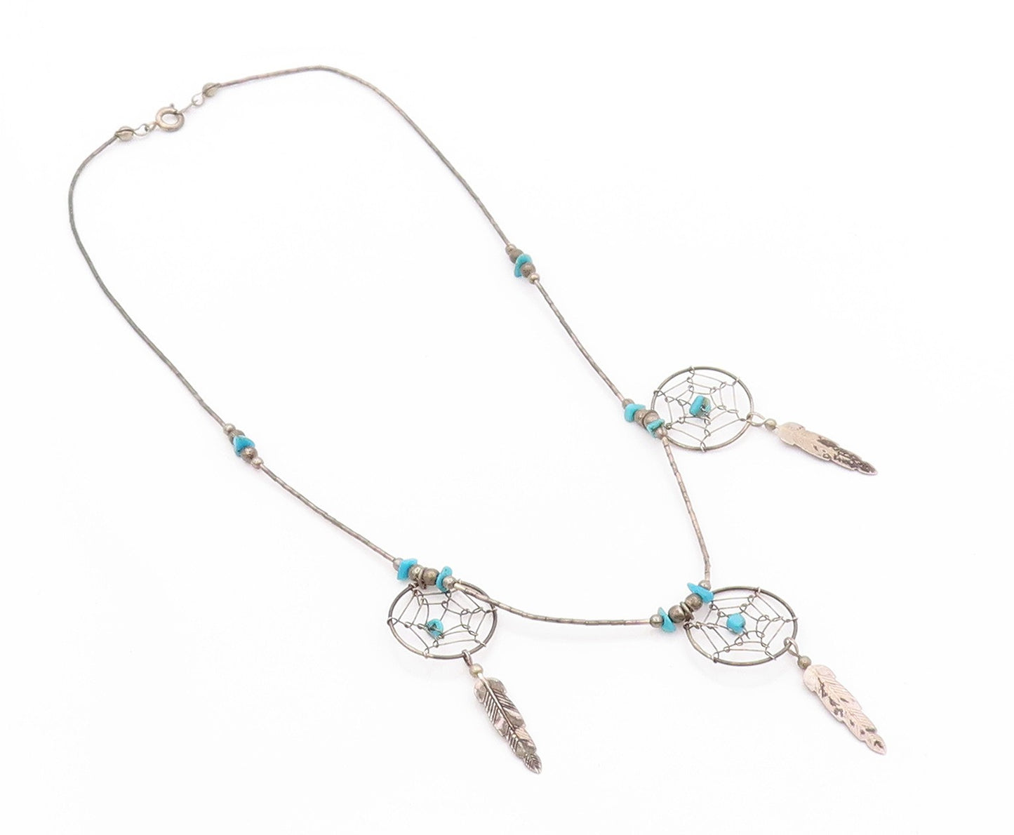 925 Sterling Silver Vintage Necklace Antique Turquoise Dream Catchers  NE4558