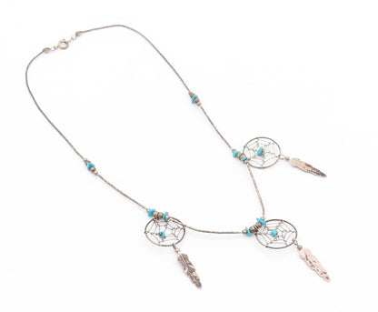 925 Sterling Silver Vintage Necklace Antique Turquoise Dream Catchers  NE4558