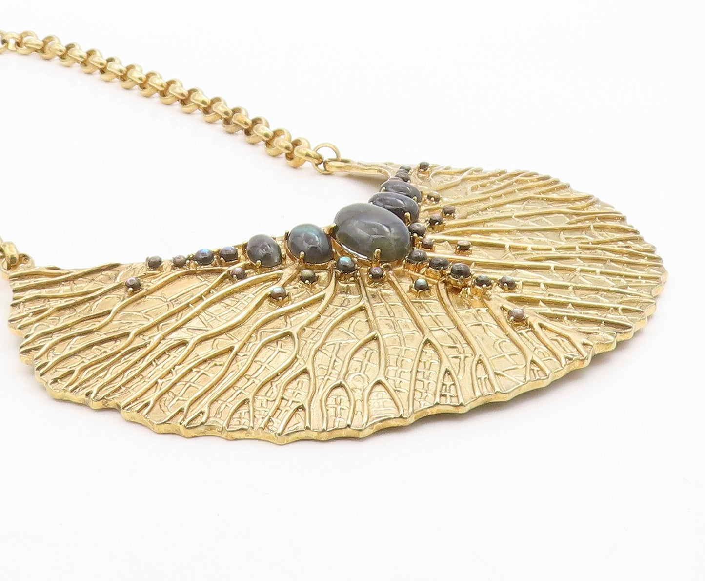 925 Sterling Silver Vintage Necklace Gold Plated Gemstone Textured Leaf  NE4696