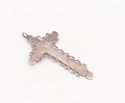 925 Sterling Silver Vintage Pendant Solid Religious Cross Halo Swirls  PT22673
