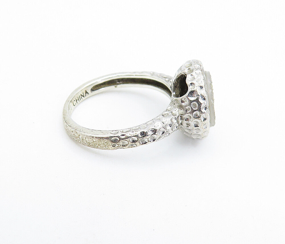 925 Sterling Silver  Vintage Druzy Stone Hammered Cocktail Ring Sz 6  RG7638