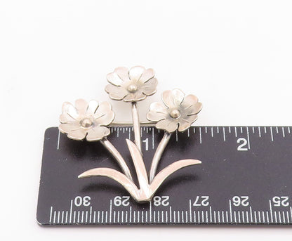 925 Sterling Silver Vintage Brooch Pin Modernist Triple Floral Bunch  BP12500
