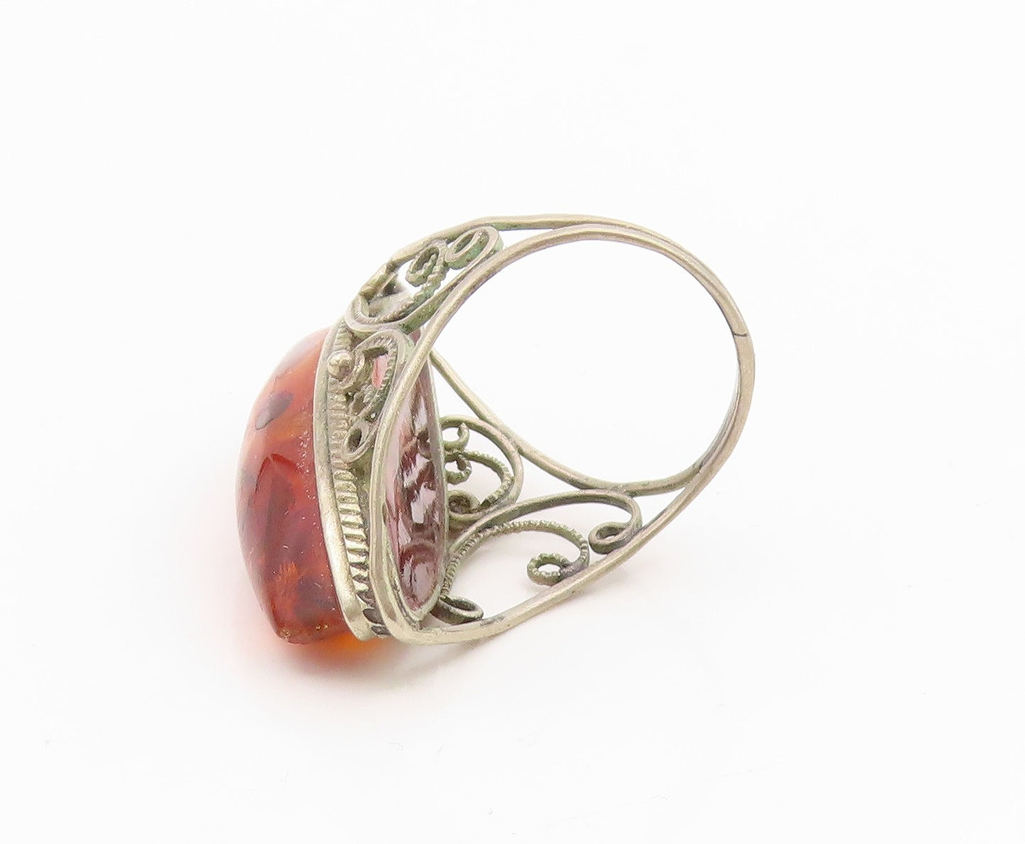 925 Sterling Silver Vintage Ring Cabochon Honey Amber Scroll Band  Sz 8  RG35945