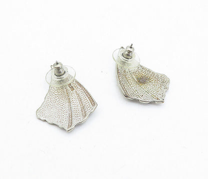 925 Sterling Silver  Vintage Shiny Etched Modernist Drop Earrings  EG2405