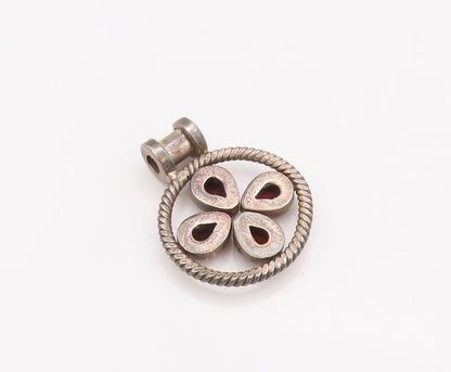 925 Sterling Silver Vintage Pendant Roped Border Drop Cut Garnet  PT22885