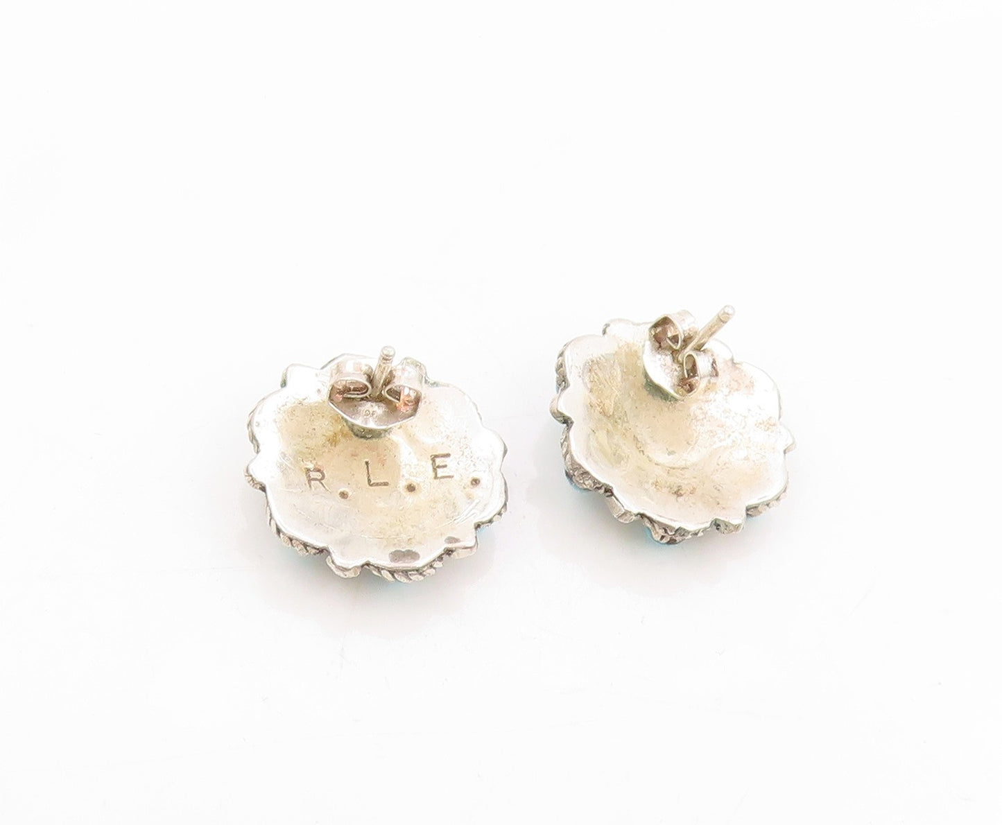 925 Sterling Silver Vintage Earrings NAVAJO Round Turquoise Floral Stud  EG14035