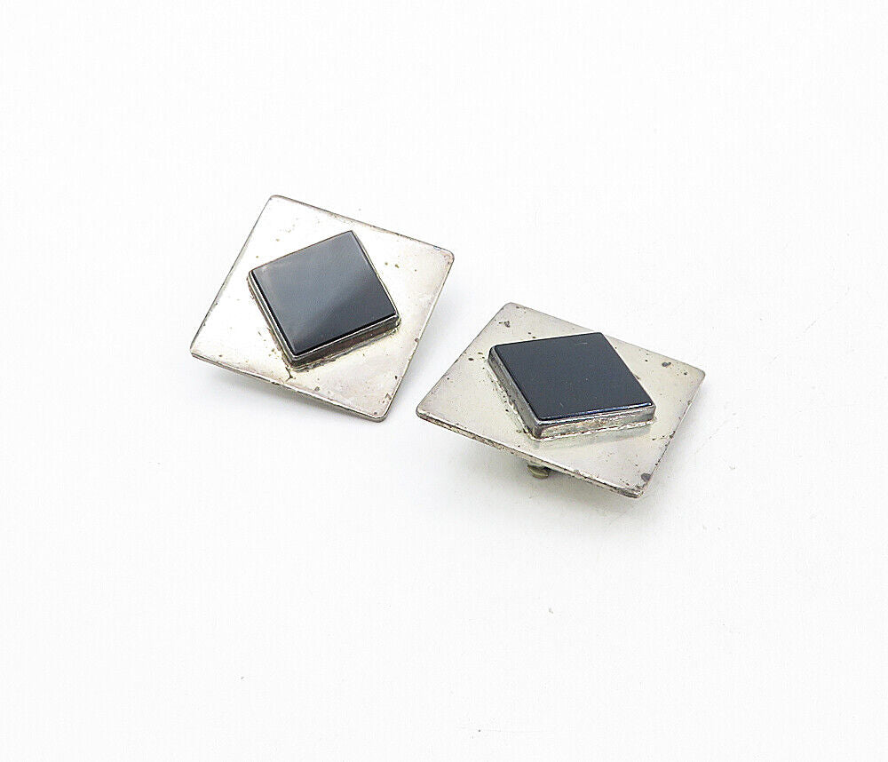 925 Sterling Silver  Vintage Black Onyx Square Non Pierce Earrings  EG4297