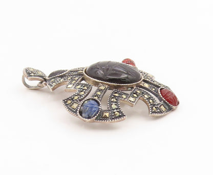 925 Sterling Silver Vintage Pendant JUDITH JACK Carved Scarab Gemstone  PT25901