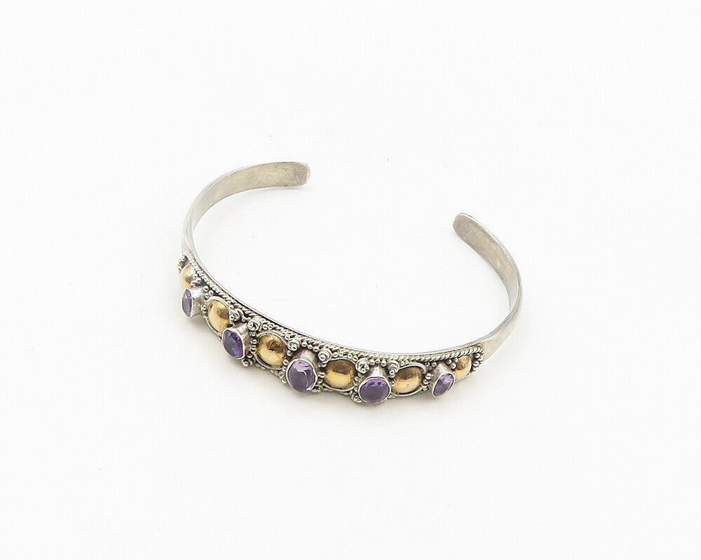 925 Silver & 18K GOLD  Vintage Amethyst Two Tone Shiny Cuff Bracelet  BT7787