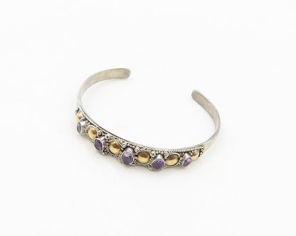 925 Silver & 18K GOLD  Vintage Amethyst Two Tone Shiny Cuff Bracelet  BT7787