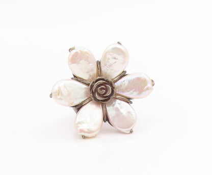 925 Sterling Silver Vintage Ring Elegant Mother Of Pearl Flower  Sz 8  RG35744