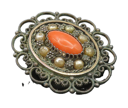 ISRAEL 925 Silver  Vintage Antique Beaded Flower Coral Brooch Pin  BP9522