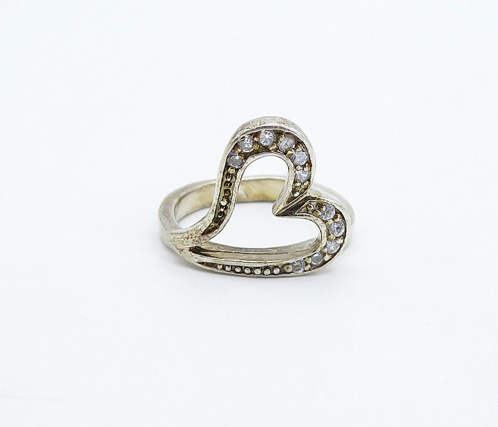 925 Sterling Silver  Vintage Topaz Open Love Heart Band Ring Sz 9  RG4897
