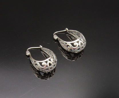 925 Sterling Silver  Vintage Etched Open Scroll Oval Hoop Earrings  EG11911