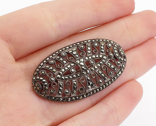 925 Sterling Silver  Vintage Marcasite Open Swirl Oval Dome Brooch Pin  BP2345