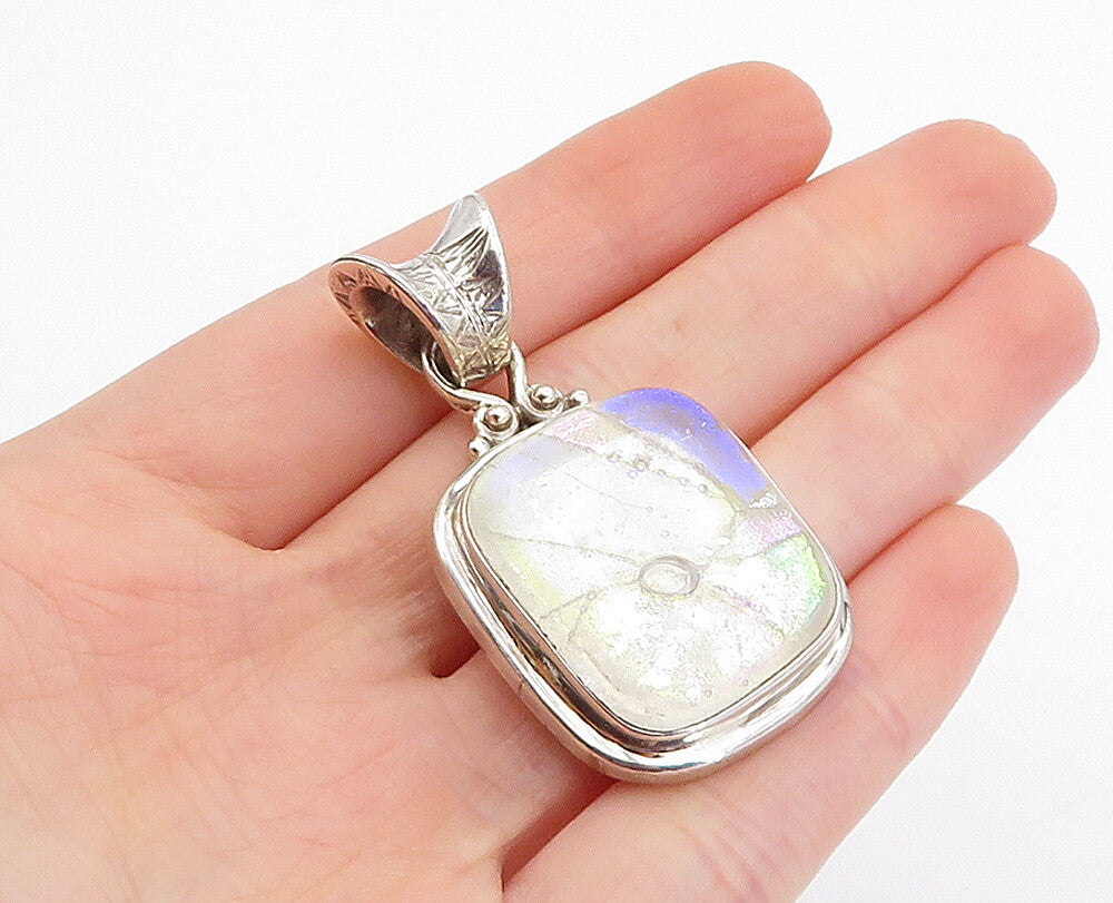 925 Sterling Silver  Vintage Dichroic Glass Shiny Etched Pendant   PT3060