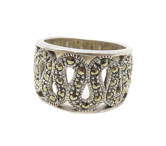 925 Sterling Silver  Vintage Marcasite Open Swirl Band Ring Sz 6  RG16983