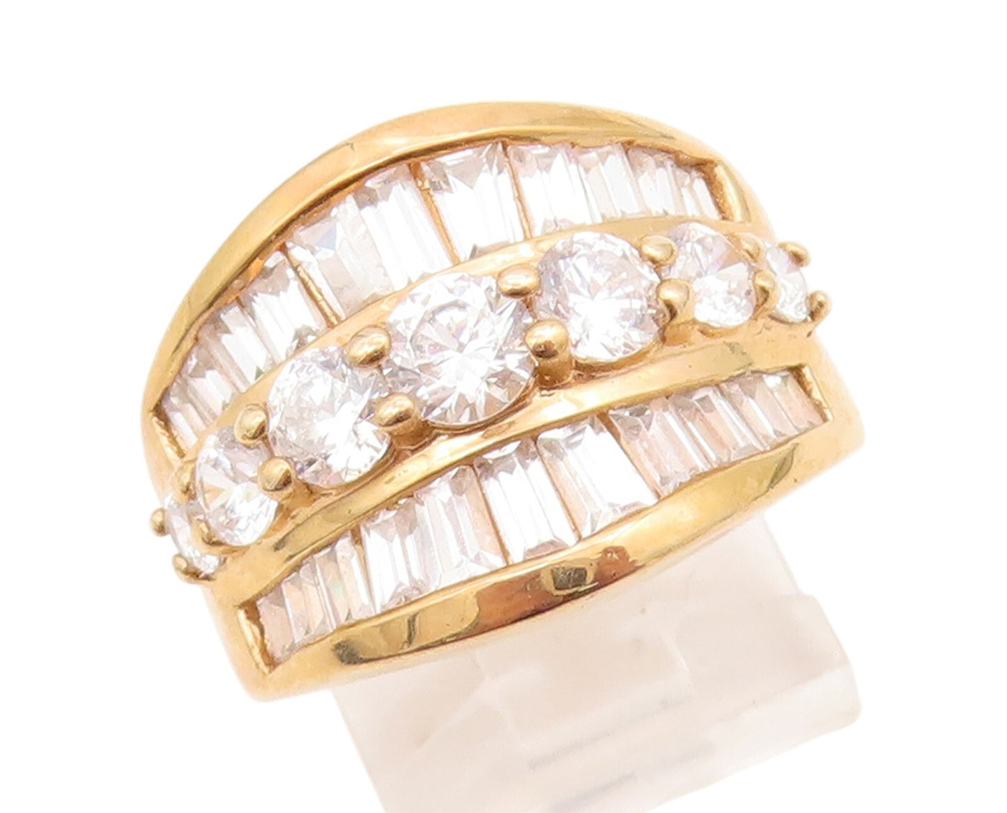 925 Sterling Silver Vintage Ring Gold Plated Rectangle & Round CZ  Sz 7  RG31714
