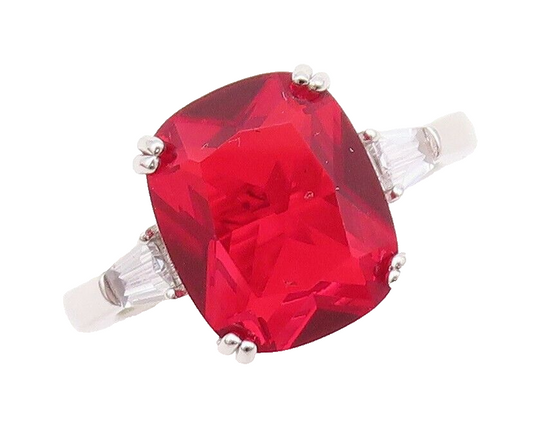 925 Sterling Silver Vintage Ring Rectangle Cut Red & White CZ  Sz 7  RG30465
