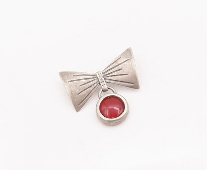 925 Sterling Silver Vintage Brooch Pin Carved Bow Dangling Carnelian  BP10865