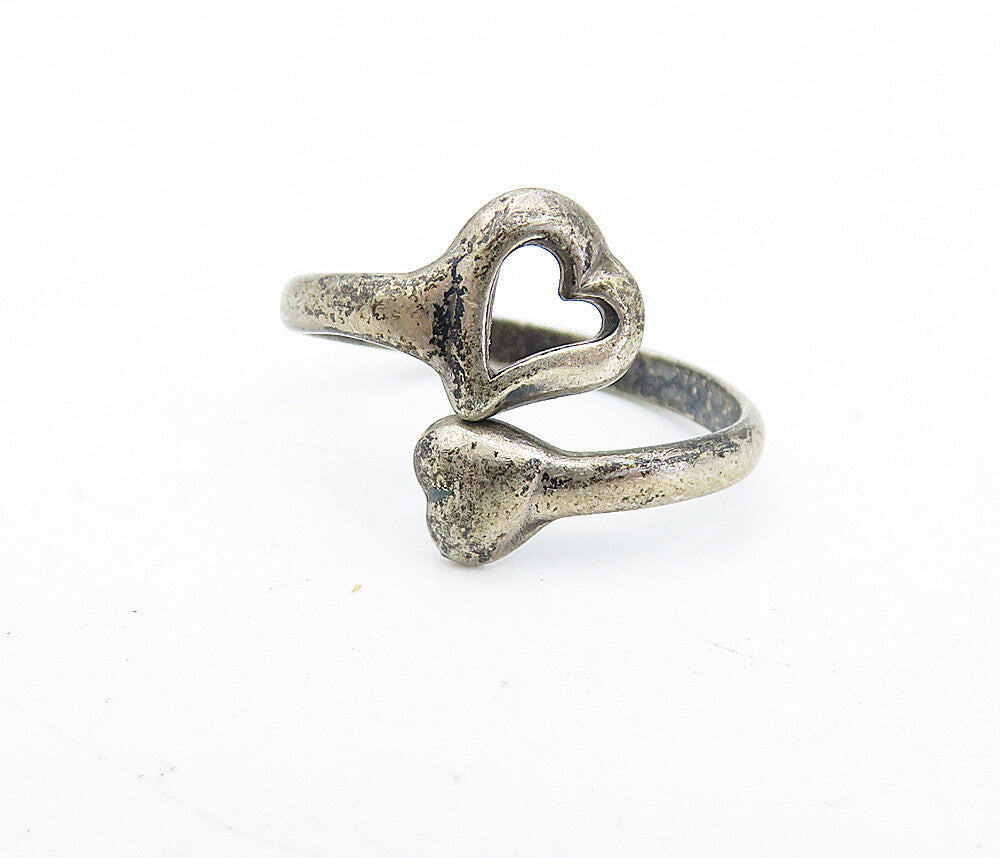 925 Sterling Silver  Vintage Antique Dark Tone Heart Bypass Ring Sz 4  RG5362