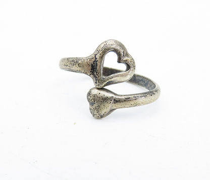 925 Sterling Silver  Vintage Antique Dark Tone Heart Bypass Ring Sz 4  RG5362