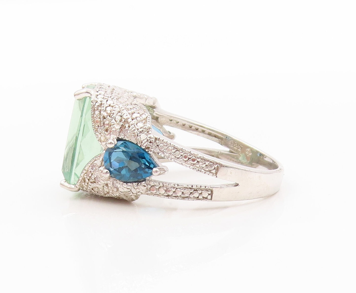 925 Sterling Silver Vintage Ring Large Green Topaz & Blue Sapphire RG31934