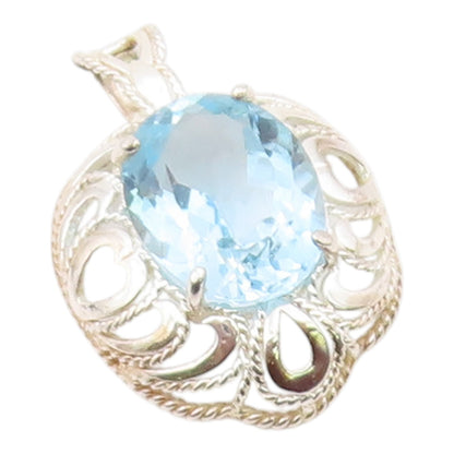 925 Sterling Silver Vintage Pendant Classic Oval Cut Blue Topaz Charm  PT26327