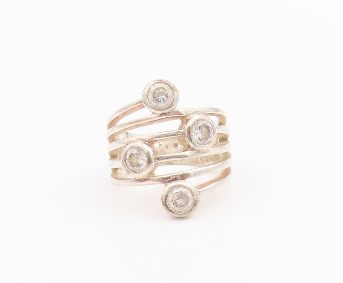 925 Sterling Silver Vintage Ring Round Cut Topaz Cutout Bands  Sz 6  RG33218