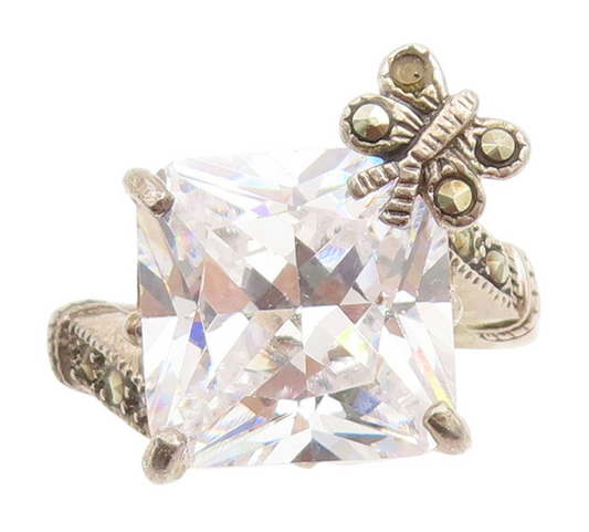 925 Sterling Silver Vintage Ring Square Cut CZ Marcasite Butterfly Sz 7 RG33923