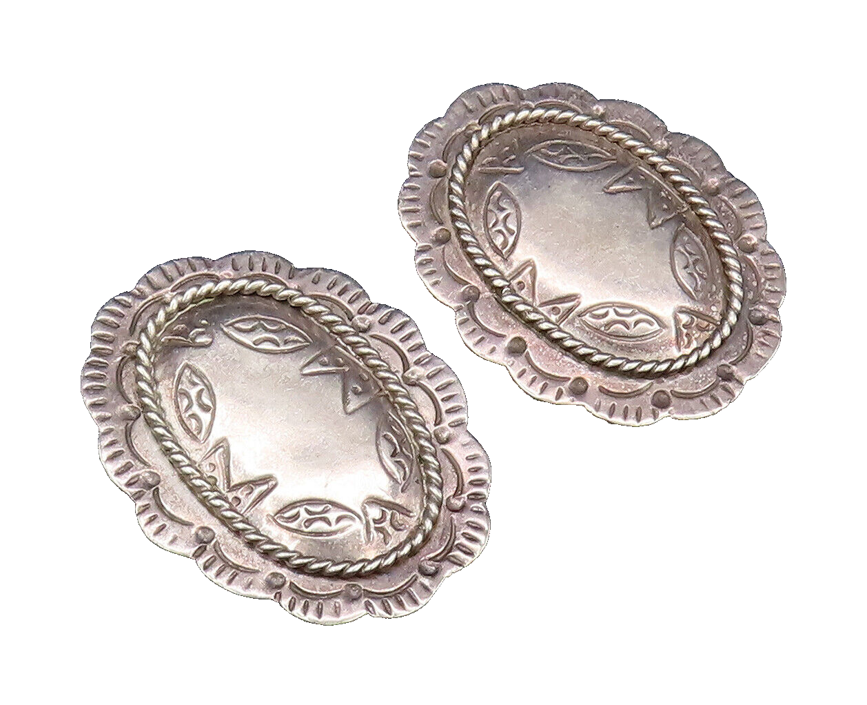 925 Silver  Vintage Etched & Rope Twist Floral Clip Back Earrings  EG12210