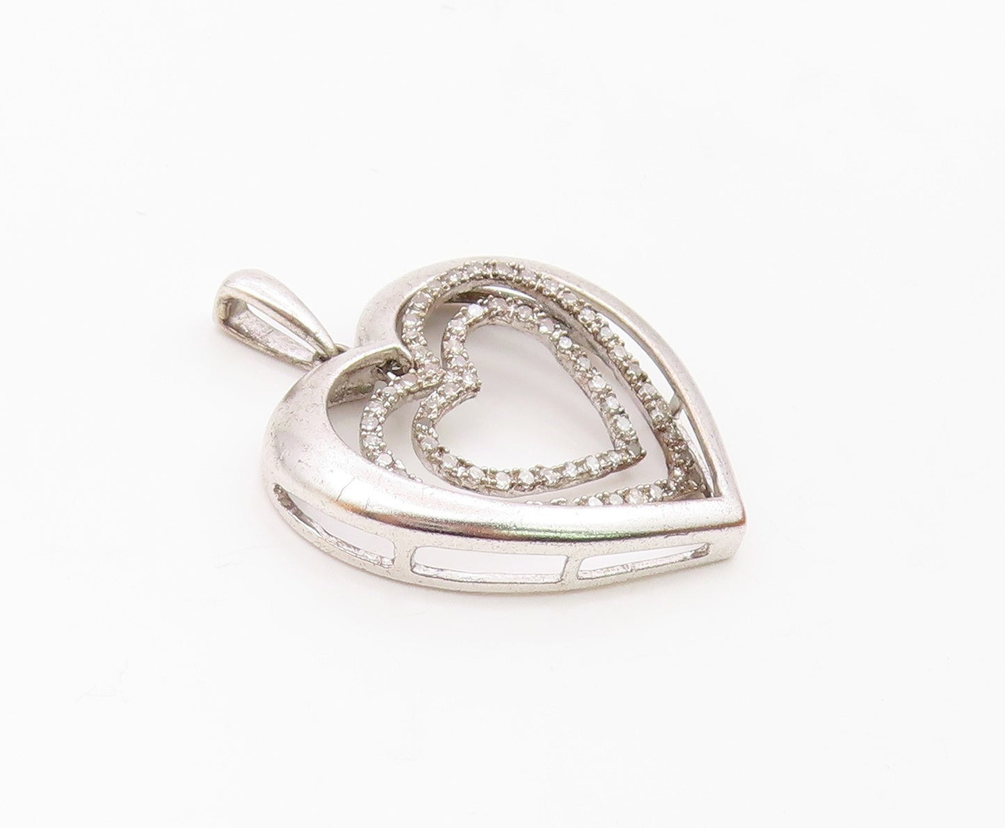 925 Sterling Silver  Vintage Genuine Diamonds Open Love Heart Pendant  PT17621