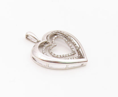 925 Sterling Silver  Vintage Genuine Diamonds Open Love Heart Pendant  PT17621