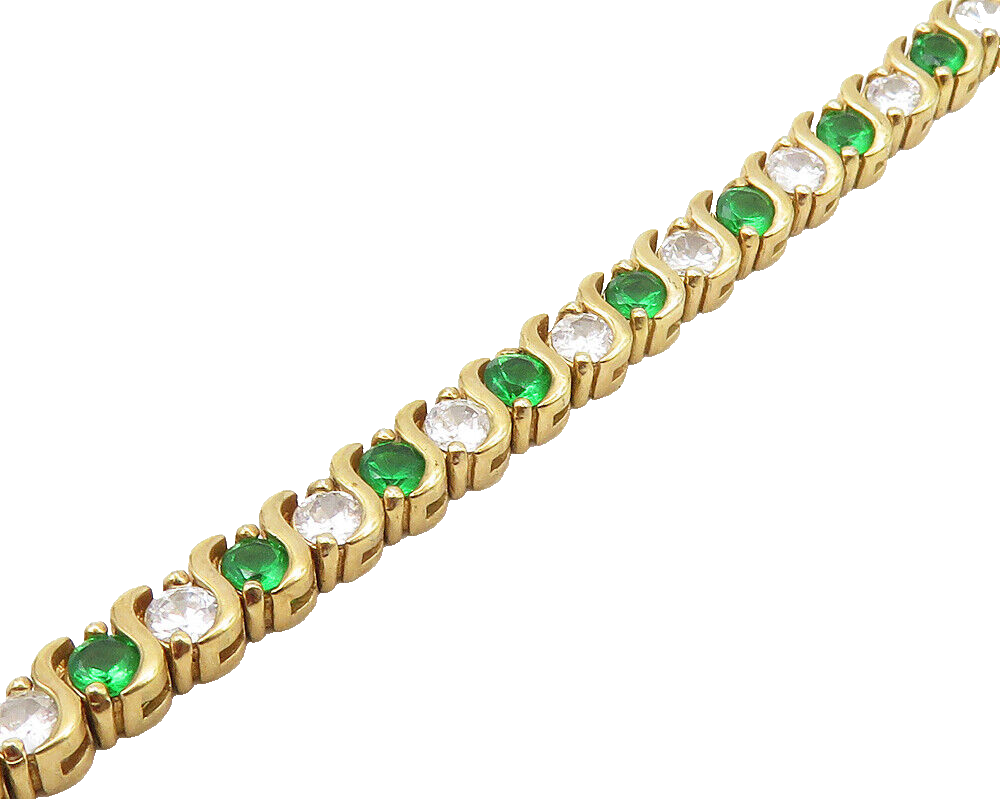 925 Sterling Silver  White & Green Topaz Gold Plated Chain Bracelet  BT6854