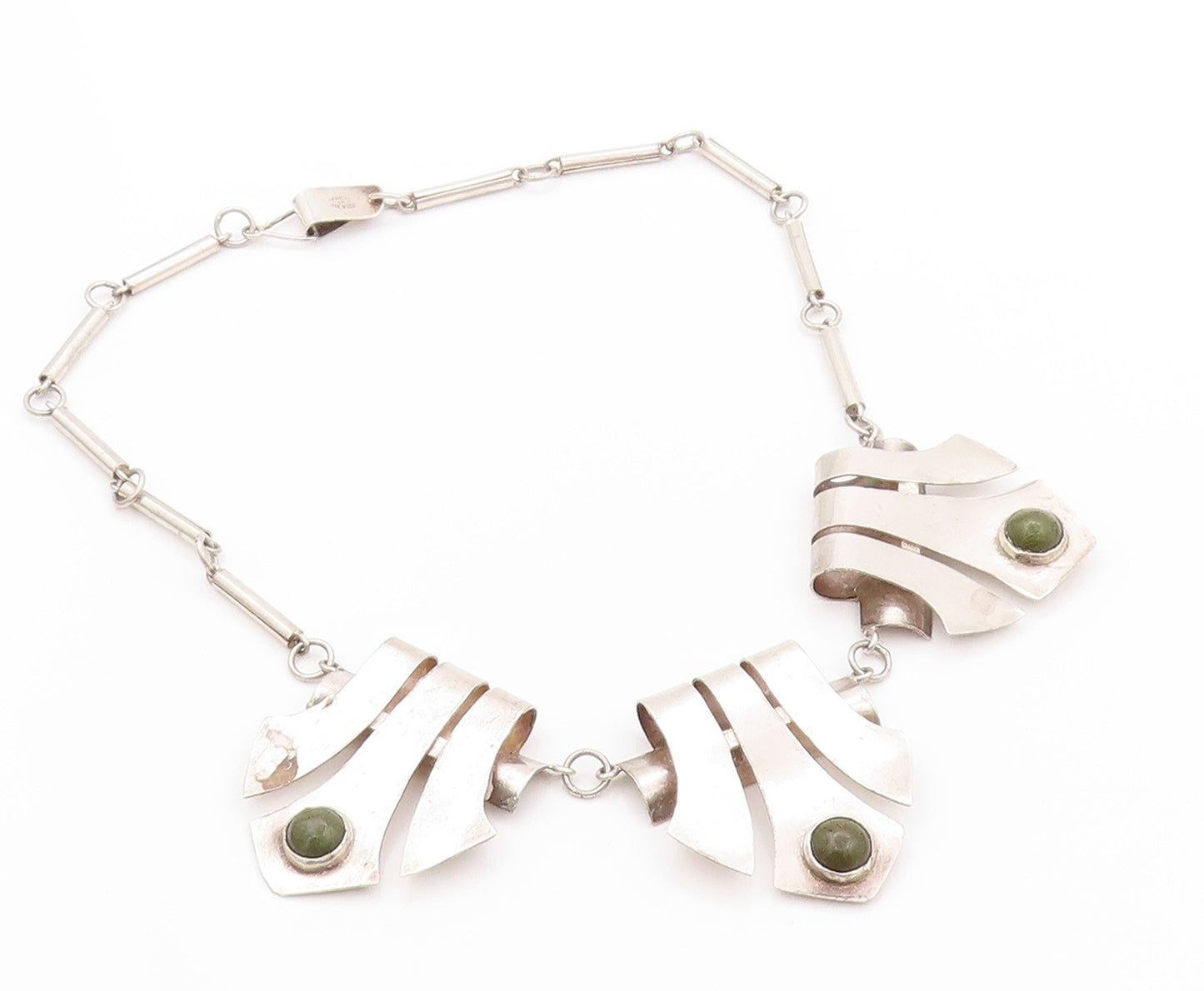 925 Sterling Silver Vintage Necklace MEXICO Trible Design Cut Gemstone  NE4535